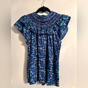 LOFT Blue Floral Smocked Ruffle Short Sleeve Top-Size XL